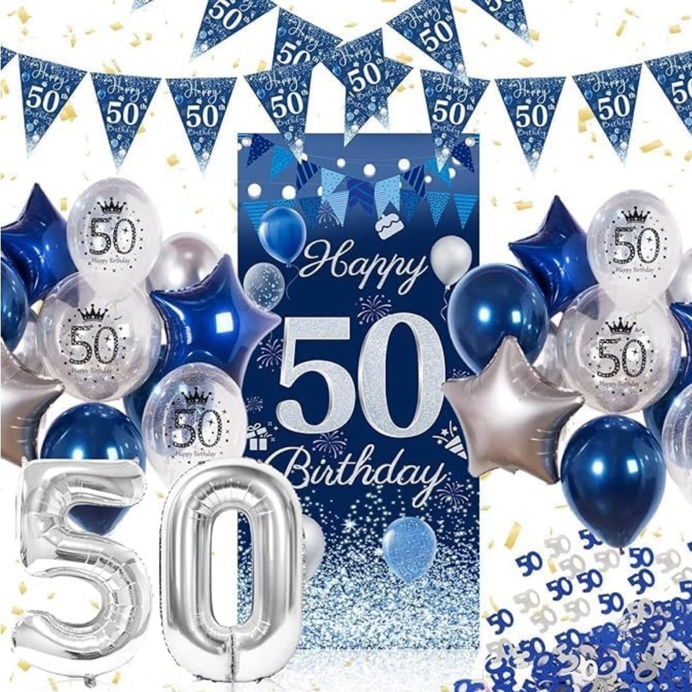 Blue and Silver 50th Birthday Party Decoration Set